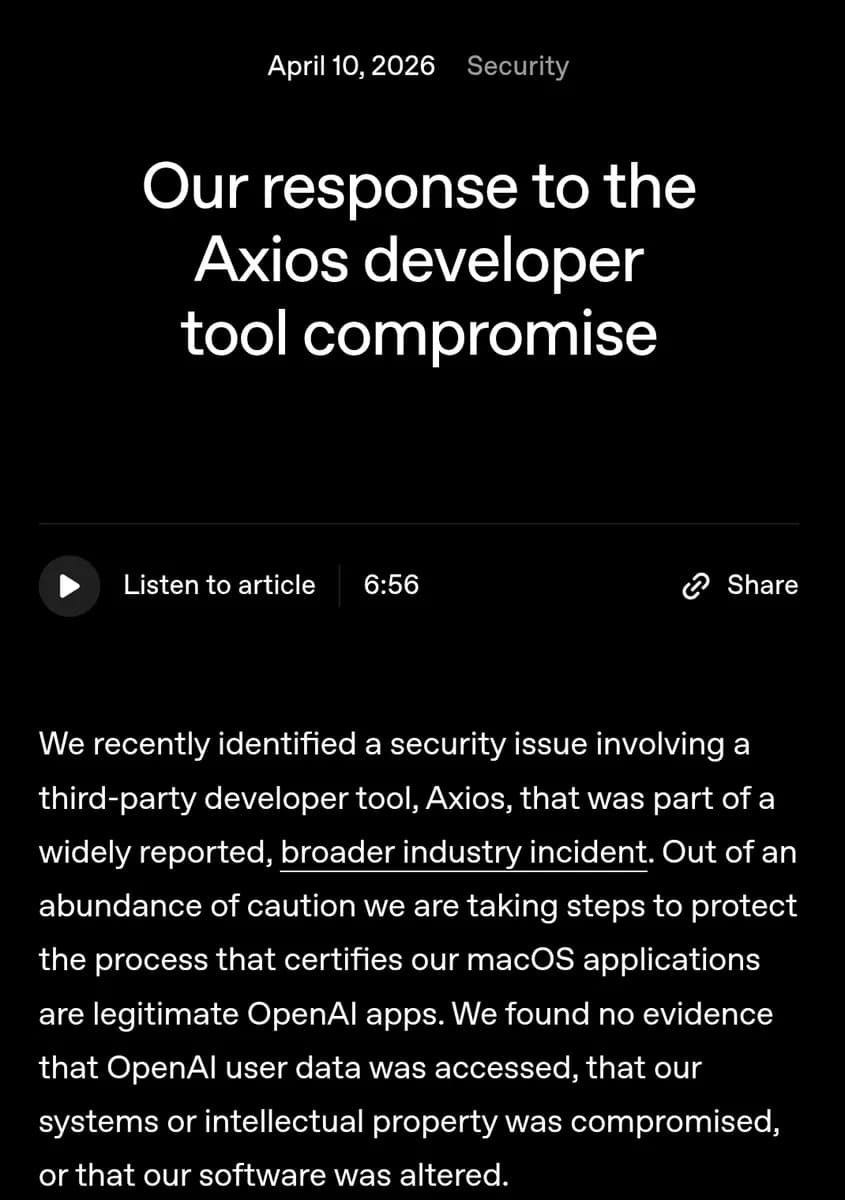 Our response to the Axios developer tool compromise